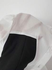 Almamuse 女士优雅荷叶边领子，撞色半透明雪纺拼接，灯笼褶皱袖口，大金属纽扣装饰长袖衬衫 - 黑色 - 查看 5