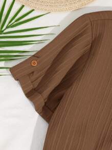 SHEIN Tween Boy Casual Holiday Korean Style Mandarin Collar Half-Zip Short Sleeve Top With Patch & Woven Shorts Set - Brown - View 3