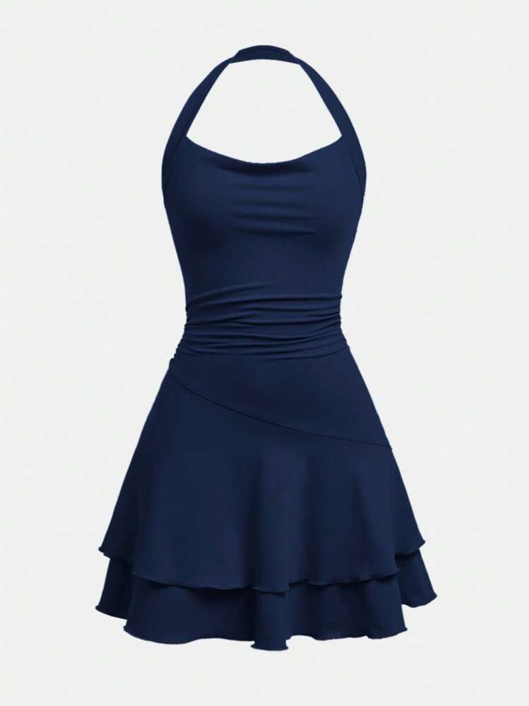 SHEIN Girlism Robe patineuse à volants au ourlet pour adolescentes, en tricot - Bleu marine - Voir 4