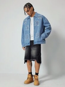 ROMWE MEN Street Life Men's Casual Denim Jacket With Letter Applique, For Autumn - Blue - View 3