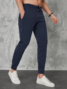 RueChic Men Striped Print Drawstring Waist Trousers - Black - View 6