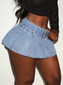 Slaydiva 女士休闲牛仔 A 字裙，简约时尚，适合日常穿着 - 藍色 - 查看 2