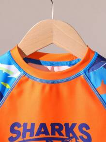 Young Boys' Cartoon Shark Print Long-Sleeved Top And Swimming Trunks Set,Suitable For Beach, Outgoing And Swimming In Spring Summer - Multicolor - View 3