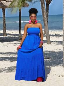 Slaydiva Pure Green Color Vacation Casual Style Strapless Plus Size Dress,Beach Dress Sundress,Holiday Outfits Boho - Royal Blue - View 3