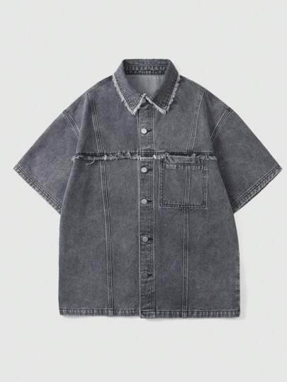 Street Life Men's Patchwork Frayed Hem Single-Breasted Casual Denim Shirt, Short Sleeve