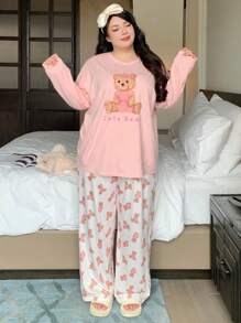 Dazy Plus 大码小熊图案印花宽松休闲睡衣套装，包含上衣和裤子，适合所有季节，秋冬季服装 - 粉色 - 查看 8