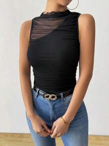 Chiquease Women's Sleeveless Mesh Patchwork Sheer Pleated Camisole