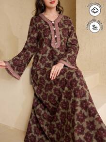 Al Najma Spring & Summer Women's Arabic Style Dress With Trumpet Sleeves, Collar And Sleeve Cuffs Pleated Ruffle,Modest - Multicolor - View 1