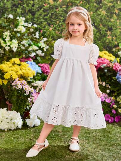 SHEIN 女孩泡泡袖蕾丝拼布圆领荷叶边下摆连衣裙，母女同款服装（2 件单独出售）