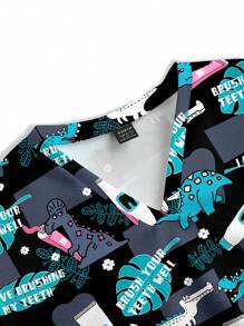 PopScrub Dinosaur Toothbrush & Toothpaste Print Short Sleeve Scrub Uniform Top - White - View 3