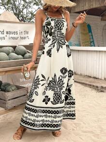 Breezaya 女士热带印花细肩带褶皱腰飘逸连衣裙，度假风格