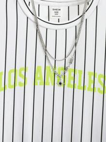 SHEIN Tween Boys Casual Street-Style Letter Print Striped Crew Neck Short Sleeve T-Shirt And Solid Color Shorts 2 Pieces Set - Green - View 7