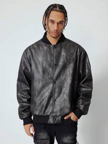 ROMWE MEN Grunge Punk Men's Retro Letter Embossed Bomber Jacket