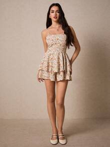 Poéselle 满身花卉印花系带露背多层下摆吊带连体衣茶会装婚礼女士连体衣女式连体衣荷叶边裙连体衣 - 杏色 - 查看 6