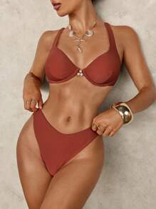 SHEIN Swim Minimalist Solid Color Gathered Bikini Set For Beach Vacation For Summer Beach Vacation - Brown - View 8