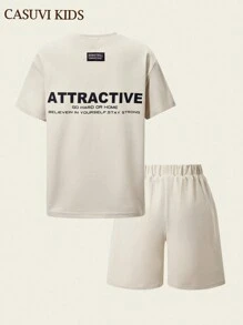 SHEIN 2pcs Boys Simple Pattern Short Sleeve T-Shirt & Shorts Set, Casual Versatile Summer New Arrival - Apricot - View 9