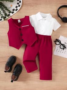 男宝宝纯色开衫背心+配套裤子套装，简约风格，无图案设计，适合春秋季休闲出游、居家温馨、轻松聚会 - 紅色 - 查看 8