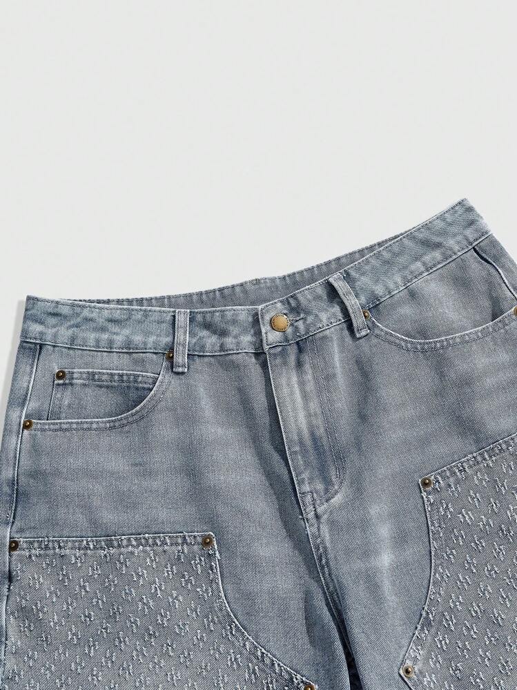 ROMWE MEN Spring/Summer Casual Men'S Casual Washed Denim Cargo Shorts Jorts - Blue - View 3