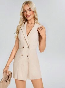 SHEIN LUNE Ladies Button-Up Jumpsuit Dress With Sleeveless Vest - Khaki - View 4