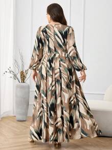 Modelyn Plus Size Women All-Over Print V-Neck Lantern Sleeve Elegant Dress - Multicolor - View 5