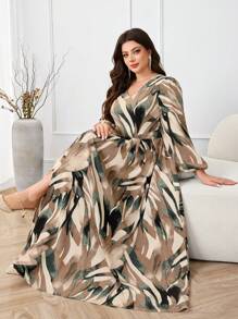 Modelyn Plus Size Women All-Over Print V-Neck Lantern Sleeve Elegant Dress - Multicolor - View 2