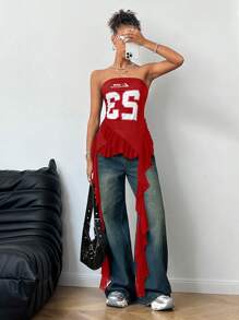 Coolane 青少年女孩 Y2K 图案撞色蕾丝运动抹胸荷叶边迷你裙 - 紅色 - 查看 5