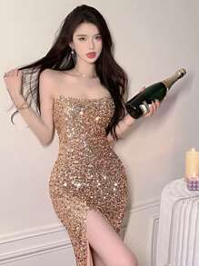 DAZY 女士亮片修身吊带高开衩长款派对连衣裙，卡其色，春夏露背/露背舞会礼服，女士吊带连衣裙，返校节礼服，奢华亮片性感连衣裙，优雅女士连衣裙，新年夜礼服，嘉年华闪亮连衣裙 - 卡其色 - 查看 4