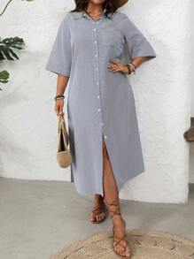 SHEIN LUNE Damen Große Größenkleid im französischen eleganten Pendler-Lässig-Urlaubsstil mit Stehkragen, Langarm, Streifenmuster, knielanges Design, für Frühling/Sommer - Königsblau - Übersicht 4