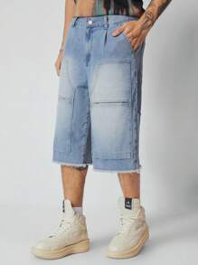 ROMWE MEN Men's Front Button Pocket Raw Hem Casual Simple Denim Shorts - Blue - View 5