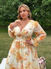 Flirla Abito in chiffon con scollo a V maniche lunghe elegante, con motivo floreale ditsy, romantico e puro, adatto alla primavera/estate, per spiaggia o vacanza - Multicolore - Visualizzare 5