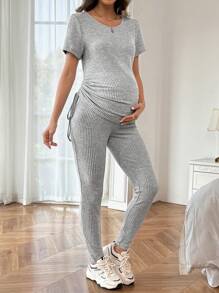 SHEIN 2pcs/Set Maternity Solid Color Round Neck Short Sleeve T-Shirt With Side Drawstring And Adjustable Waist Pants