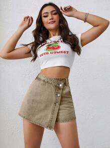 SHEIN EZwear Women's Casual Front Button Pocket Simple Denim Shorts, Daily Wear - Brown - View 1