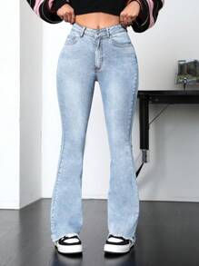 SHEIN PETITE Quần Jeans Denim Thường Ngày Có Túi Cài Nút Phía Trước Cho Nữ, Mặc Hàng Ngày - Rửa nhẹ - Xem 6
