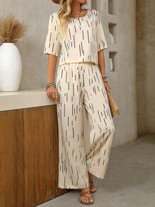 SHEIN Clasi Conjunto de 2 piezas para mujer con escote en V y estampado disperso - Caqui - Ver 3