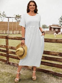 EMERY ROSE Plus Size Women's Summer Casual Striped Pocket Dress,Western Wear Women