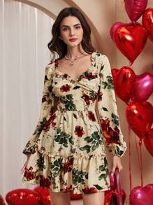 Chiquease Women Square Neck Short Dress, Elegant Style - Apricot - View 4