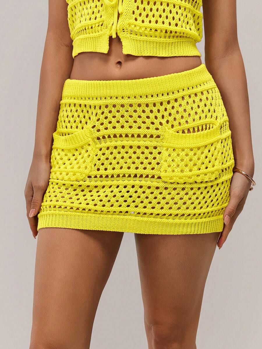 Forever 21 Spring New Elastic Waist Hollow-Out Crochet Resort Beach Style Women Knitted Mid Skirt - Yellow - View 1