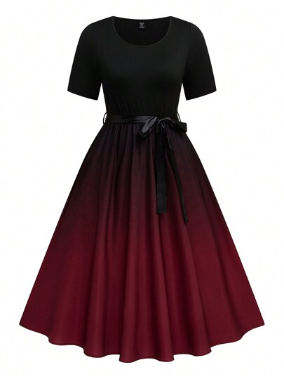 SHEIN Clasi Plus Size Women Elegant Gradient Floral Print Round Neck Long Sleeve Casual Dress, Versatile For Work, Commute And Party, Spring/Summer/Autumn