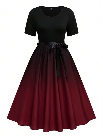 Rometta 大码女式优雅渐变花卉印花圆领长袖休闲连衣裙，适合工作、通勤和派对，春夏秋季