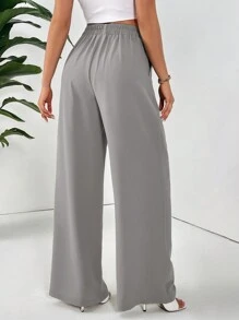 SHEIN Essnce 女士纯色口袋简约褶裥直筒裤，休闲日常穿着，夏季娇小款女裤，夏季休闲裤 - 灰色 - 查看 2