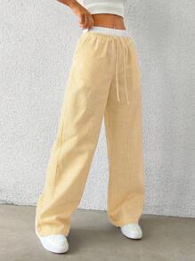 SHEIN EZwear Yellow Striped Women's Woven Casual Pants, Spring/Summer
