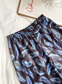 Pantalón ancho de pijama con estampado de plumas de pavo real para mujer