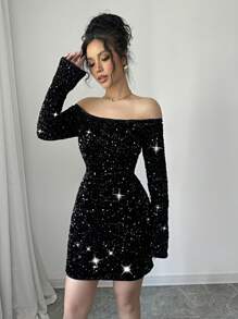 Elenzga New Women's Off Shoulder Dress Party Style Shiny High-End Tight Sexy Hip-Wrapped Long-Sleeved Party Dress - Black - View 1