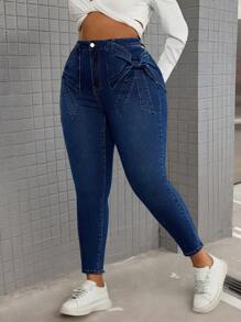 Slaydiva Plus Size Women Stretchy Blue Denim Skinny Pants With Stylish Bow Decor On Sides - Blue - View 6