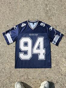 Manfinity EMRG Men's Solid Color Contrast V-Neck Short Sleeve Numeric Print Casual Basketball Jersey Style T-Shirt - Blue - View 3