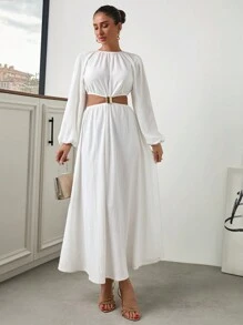 EURMUSE Metal Buckle Detailed Long White Dress - White - View 4