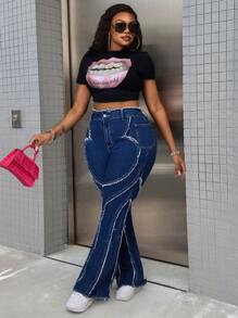 SHEIN SXY Plus Size Women Elastic Distressed Jeans With Frayed Hem Design, Skinny Flare Jeans