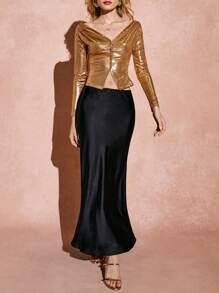 Poéselle Camicia elegante da donna con bottoni frontali, manica lunga, color oro metallizzato, a spalle scoperte, in materiale elasticizzato, adatta per San Valentino, primavera e per uso quotidiano - Dorato - Visualizzare 6