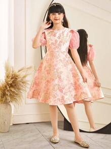 SHEIN Tween Girls 优雅春夏粉色提花缎带蝴蝶结装饰拼布欧根纱荷叶边收腰连衣裙 - 粉色 - 查看 1