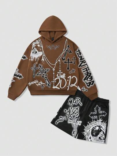 Street Life Men's Funny Cartoon Portrait Print Sweatshirt Set, Street Wear